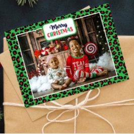 Merry Christmas （自分の写真を追加）Leopard Print シーズンポストカード