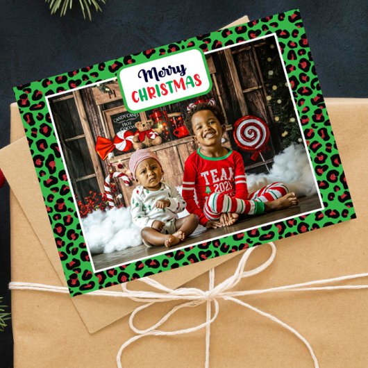 Merry Christmas (自分の写真を追加)Leopard Print シーズンポストカード