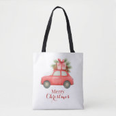 Merry Christmas 赤い車 – オリジナル ホリデー トートバッグ (正面)