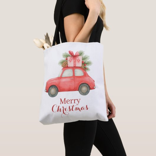 Merry Christmas 赤い車 – オリジナル ホリデー トートバッグ (クローズアップ)