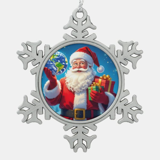 „Merry Christmas“1 スノーフレークピューターオーナメント (正面)