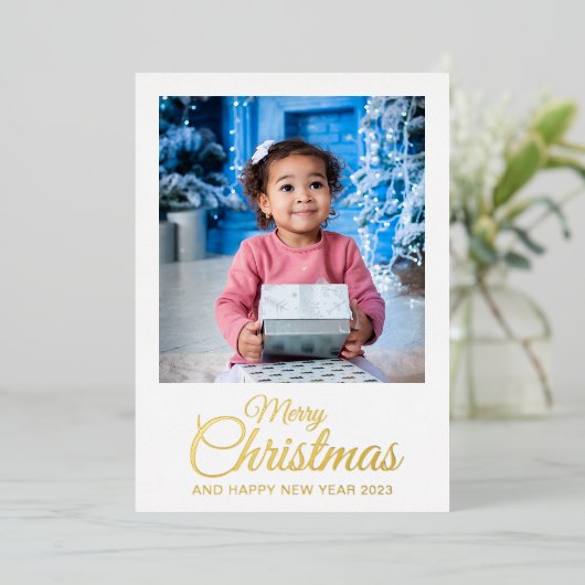 Merry Christmas 2の写真スクリプトエレガント金ゴールド 箔シーズンカード (立ち正面)