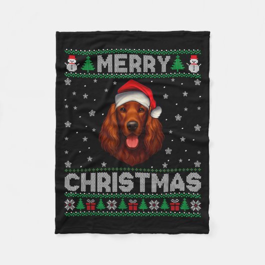 Merry Christmas 2025 Irish Setter Santa Hat Ugly X フリースブランケット (正面)