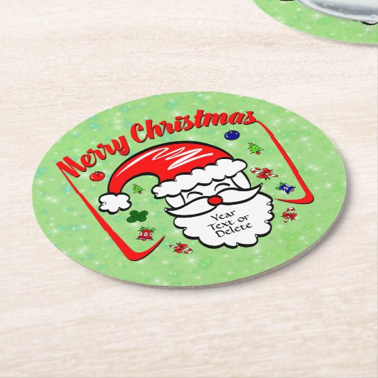 Merry Christmas 20xx Santa with Hat & Sparkles ラウンドペーパーコースター (アングル)