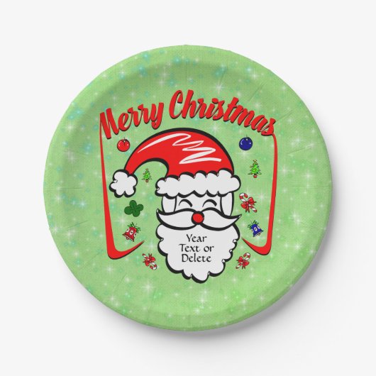 Merry Christmas 20xx Santa with Hat & Sparkles 7" ペーパープレート (正面)