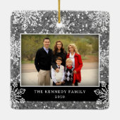 Merry Christmas 2 Photo Silver Glitter Snowflakes セラミックオーナメント (裏面)