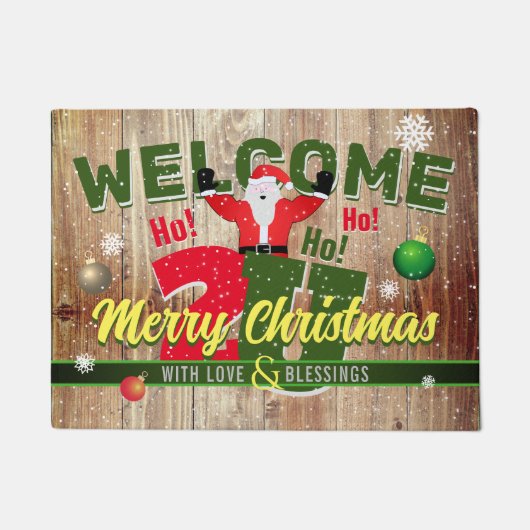 Merry Christmas 2U with Santa on Barn Wood WELCOME ドアマット (正面)