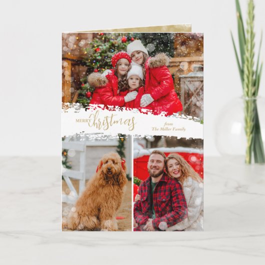 Merry Christmas 3 Photo Collage Folded シーズンカード (正面)