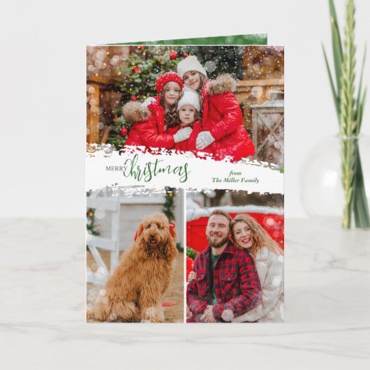 Merry Christmas 3 Photo Collage Folded シーズンカード (正面)