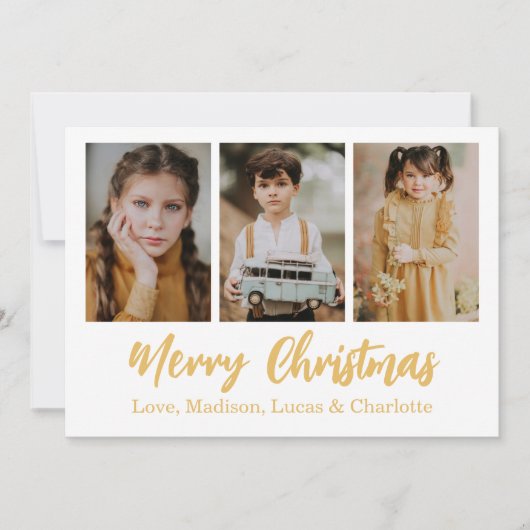 Merry Christmas 3 Photo Collage Gold 招待状 (正面)