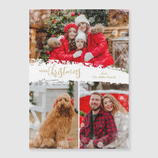 Merry Christmas 3 Photo Collage Magnetic Card (正面)