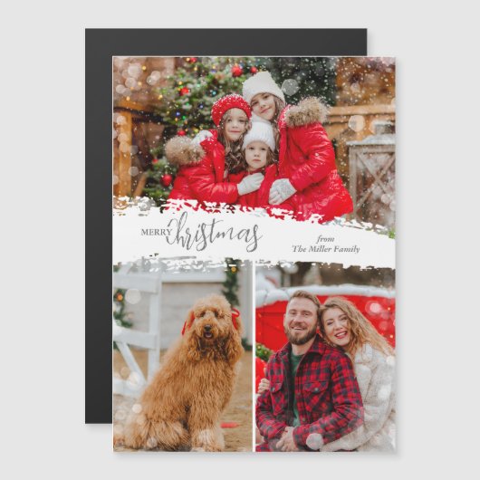 Merry Christmas 3 Photo Magnetic Holiday Card (正面/裏面)