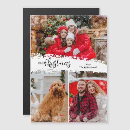 Merry Christmas 3 Photo Magnetic Holiday Card (正面/裏面)