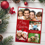 Merry Christmas 4 Photo Red シーズンカード<br><div class="desc">Simple red photo collage holiday card. "Merry Christmas" is written in a stylish white script and you can personalize with 4 photos and your family name and the year in modern white typography.</div>