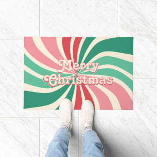 Merry Christmas 70s Peppermint Colors Sunburst ドアマット