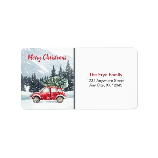 Merry Christmas Address Label | Red Holiday Car ラベル (正面)
