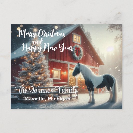 Merry Christmas and Happy New Year Horse and Barn ポストカード (正面)