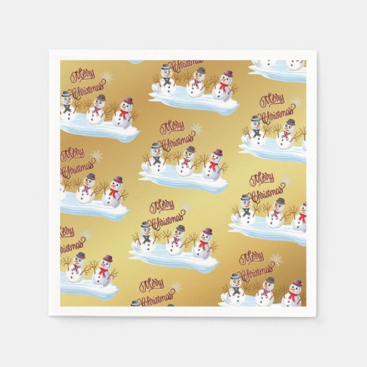 Merry Christmas and snowmen on faux gold スタンダードカクテルナプキン (正面)