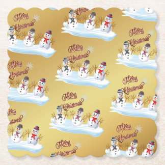 Merry Christmas and snowmen on faux gold ペーパーコースター