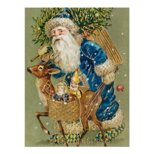 Merry Christmas, Antique Card, Santa and Reindeer ポスター (正面)