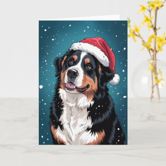 Merry Christmas Bernese Mountain Dog  in Santa  カード (黄色い花)