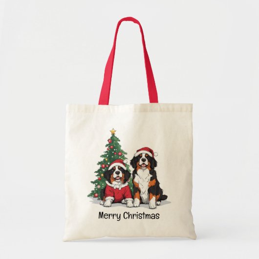 Merry Christmas Bernese Mountain Dogs トートバッグ (正面)