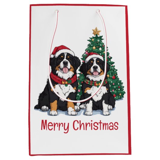 Merry Christmas Bernese Mountain Dogs ミディアムペーパーバッグ (正面)