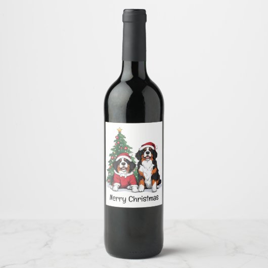 Merry Christmas Bernese Mountain Dogs ワインラベル (正面)