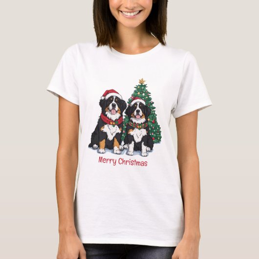 Merry Christmas Bernese Mountain Dogs Tシャツ (正面)