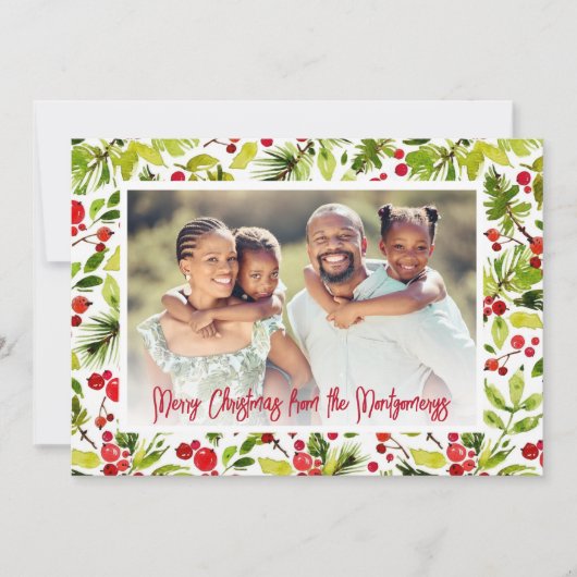 Merry Christmas Berries & Greenery Photo シーズンカード (正面)
