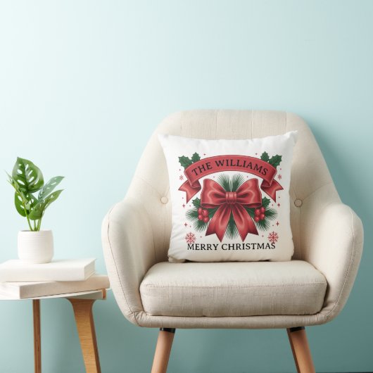 Merry Christmas Big Red Bow Custom Family Name クッション (椅子)