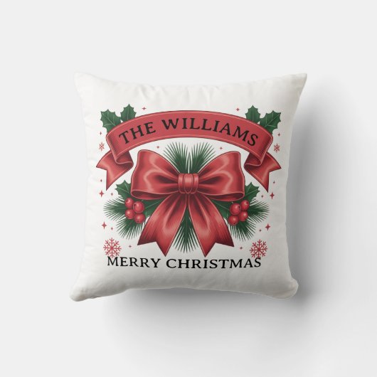 Merry Christmas Big Red Bow Custom Family Name クッション (裏面)