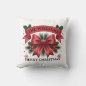 Merry Christmas Big Red Bow Custom Family Name クッション (正面)