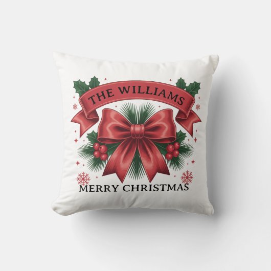 Merry Christmas Big Red Bow Custom Family Name クッション (正面)