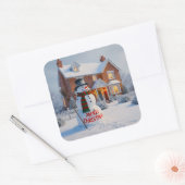 MERRY CHRISTMAS BIG SNOWMAN WINTER SCENE スクエアシール (封筒)