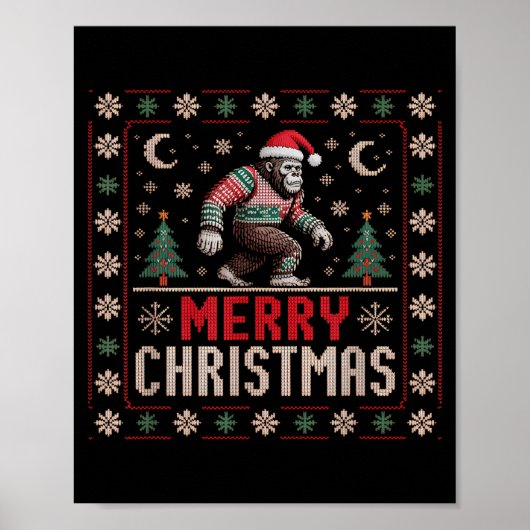 Merry Christmas Bigfoot Funny Ugly Sweater Art  ポスター (正面)