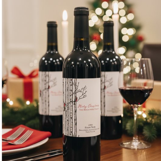Merry Christmas Birch Trees and Red Cardinal Birds ワインラベル