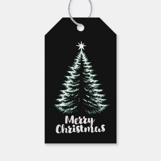 Merry Christmas Black & Mint Distressed Chic Tree ギフトタグ (正面)