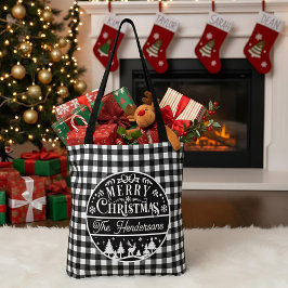 Merry Christmas Black & White Buffalo Plaid Custom トートバッグ
