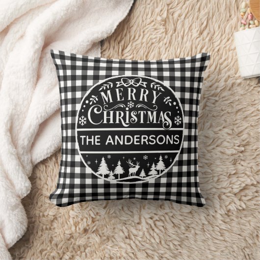 Merry Christmas Black & White Plaid Custom Name クッション (ブランケット)