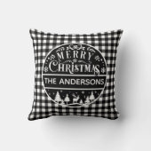 Merry Christmas Black & White Plaid Custom Name クッション (裏面)