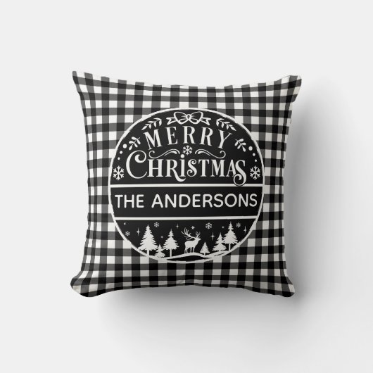 Merry Christmas Black & White Plaid Custom Name クッション (正面)