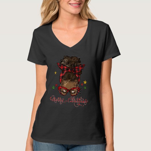 Merry Christmas Black Women Messy Bun Red Plaid Tシャツ (正面)