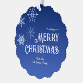 Merry Christmas Blue Modern Snowflake オーナメントカード (左)
