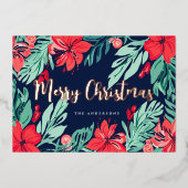 Merry Christmas Blue Red Elegant Botanical Photo 箔シーズンカード (正面)