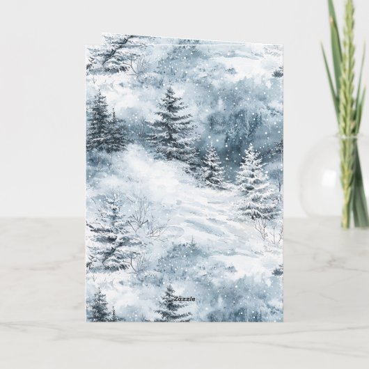 Merry Christmas Blue Snow Winter Trees Deer Window カード (裏面)