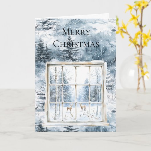 Merry Christmas Blue Snow Winter Trees Deer Window カード (黄色い花)