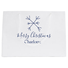 Merry Christmas blue snowflakes add name holidays  ラージペーパーバッグ