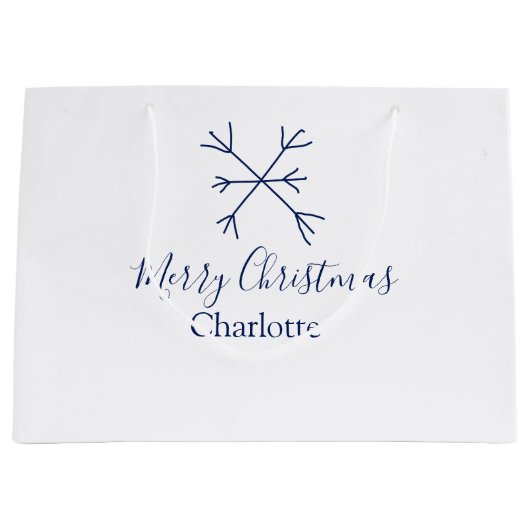 Merry Christmas blue snowflakes add name holidays  ラージペーパーバッグ (正面)