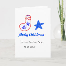 Merry Christmas blue star red stockings name date  カード